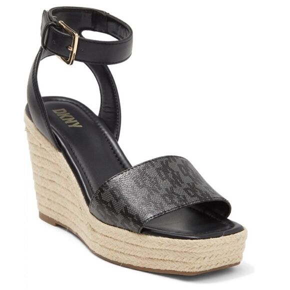 DKNY Sandals Womens Size 5 Black Ankle Strap Espadrille Open Toe Wedges New - Picture 1 of 12